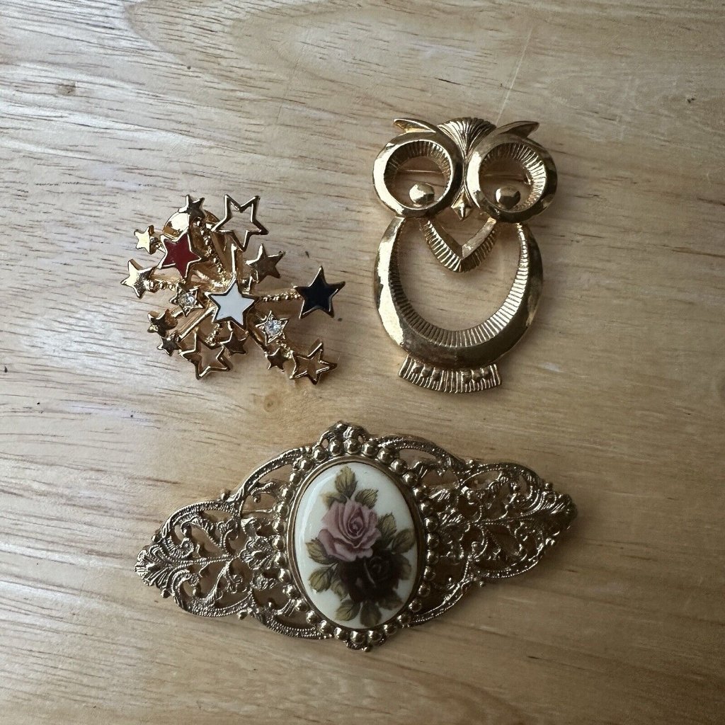 Vtg Avon Brooches Hat Pin Gold Tone Metal Owl Victorian Floral Stars Set Of 3 25$